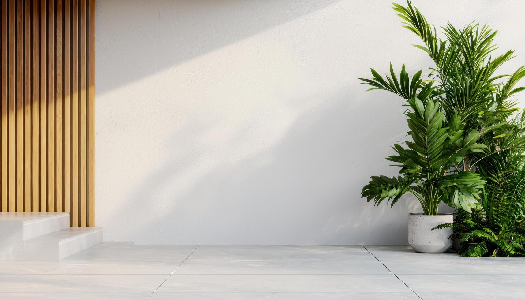 Stylish Outdoor Wall with Greenery Modern Space Background Copyspace Bright Atmosphere photo