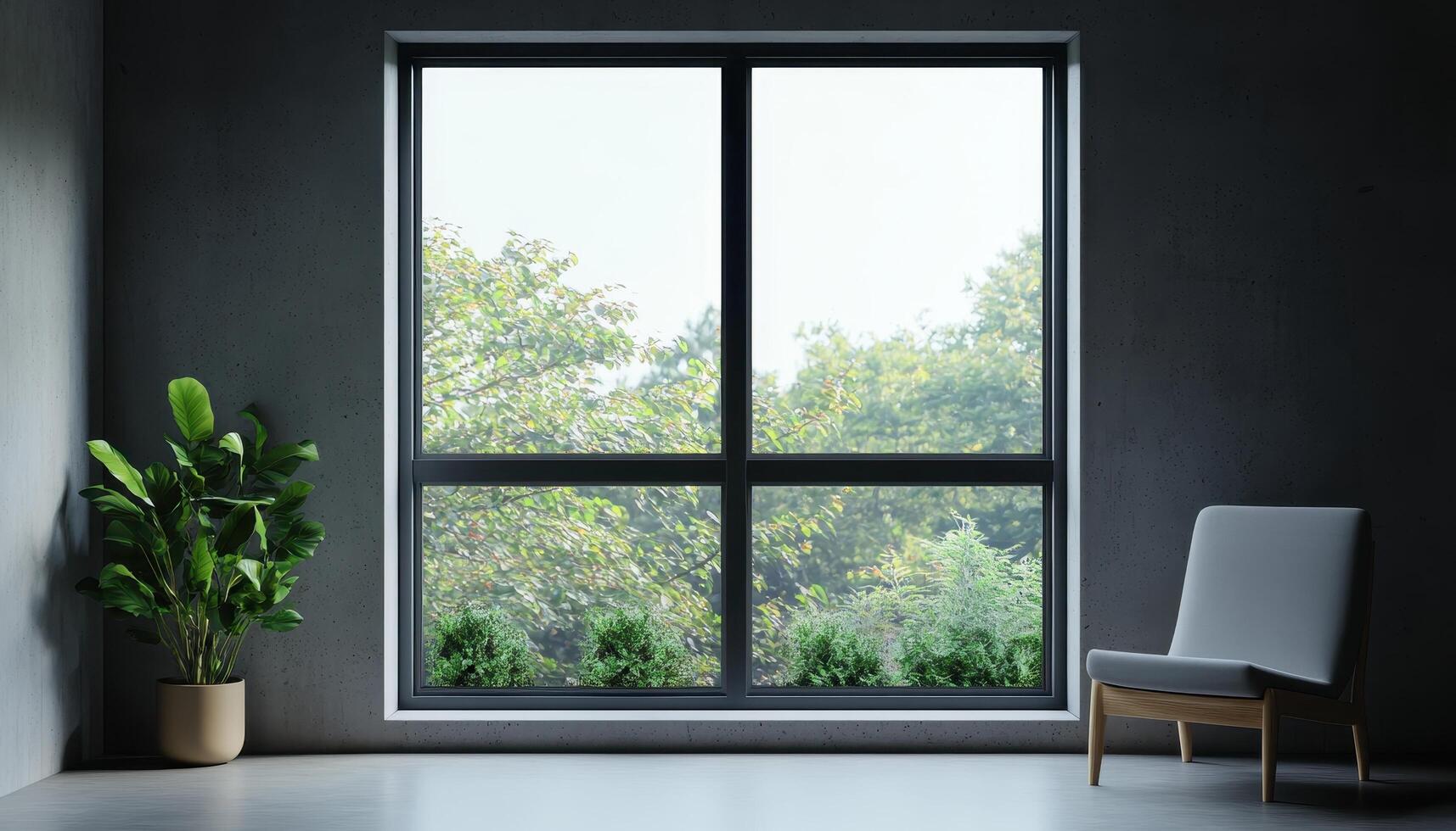 Modern Loft Interior with Large Window Urban Setting Minimalist Design Bright Background Copyspace photo