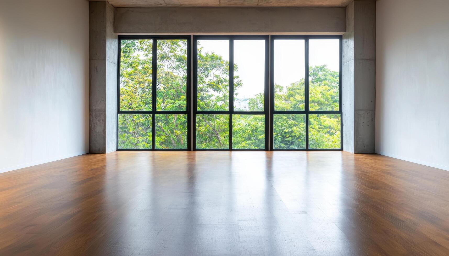 Elegant Open Loft with Polished Wood in Nature Background and Copyspace Modern Design Environment photo