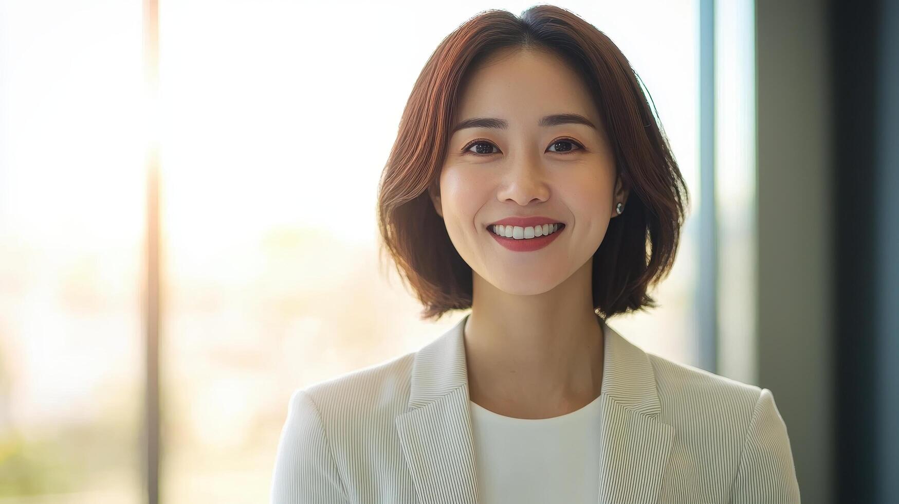 Optimistic Asian Woman Smiling at Laptop Screen Modern Office Background Copyspace Available photo