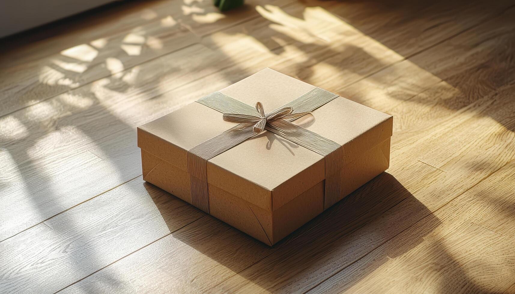 Gift Box on Light Wood Surface Natural Background Copyspace Indoor Cozy Environment photo