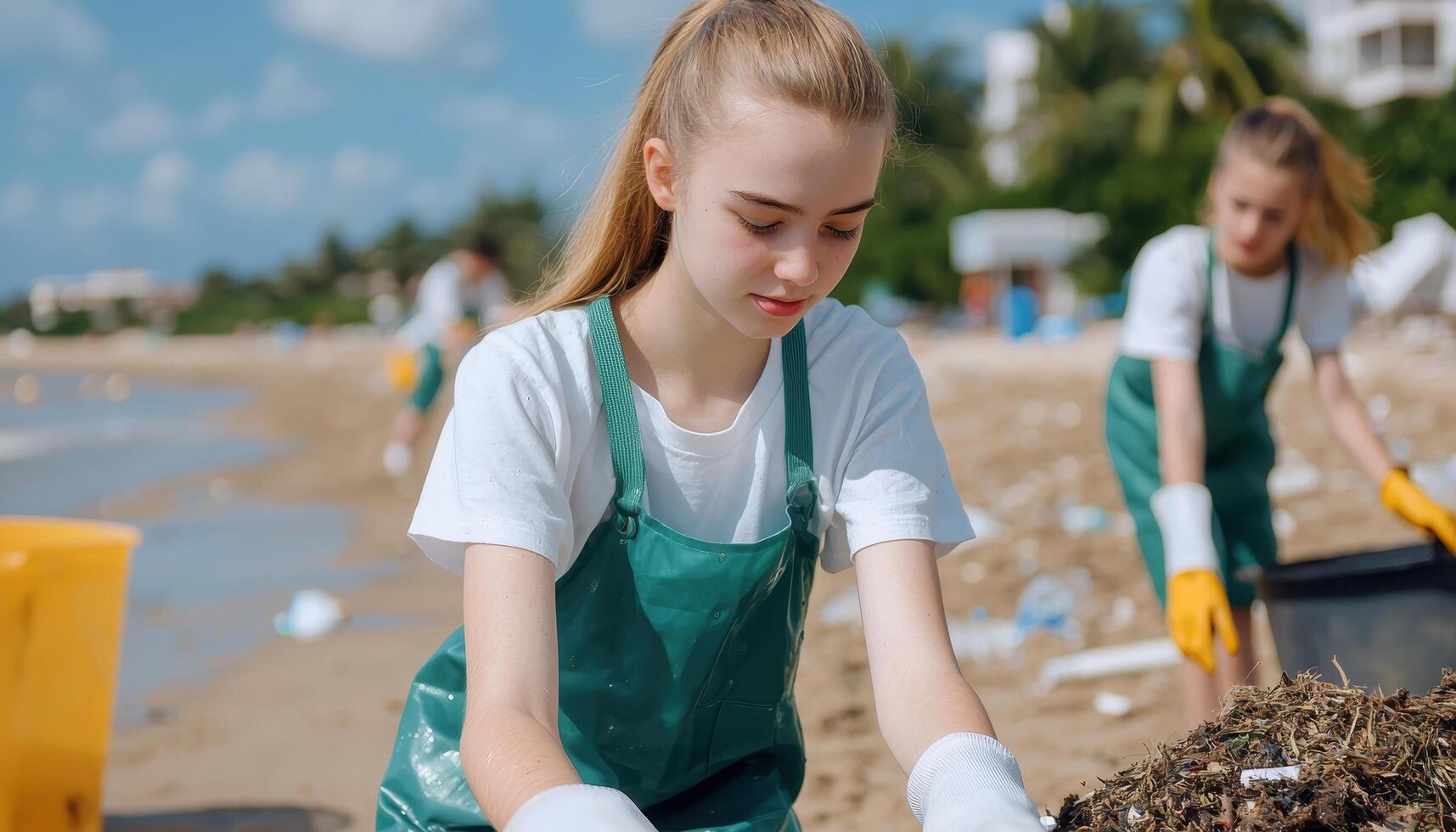 Beach Cleanup Event by Teenagers Coastal Environment Action Shot Clear Background with Copyspace photo