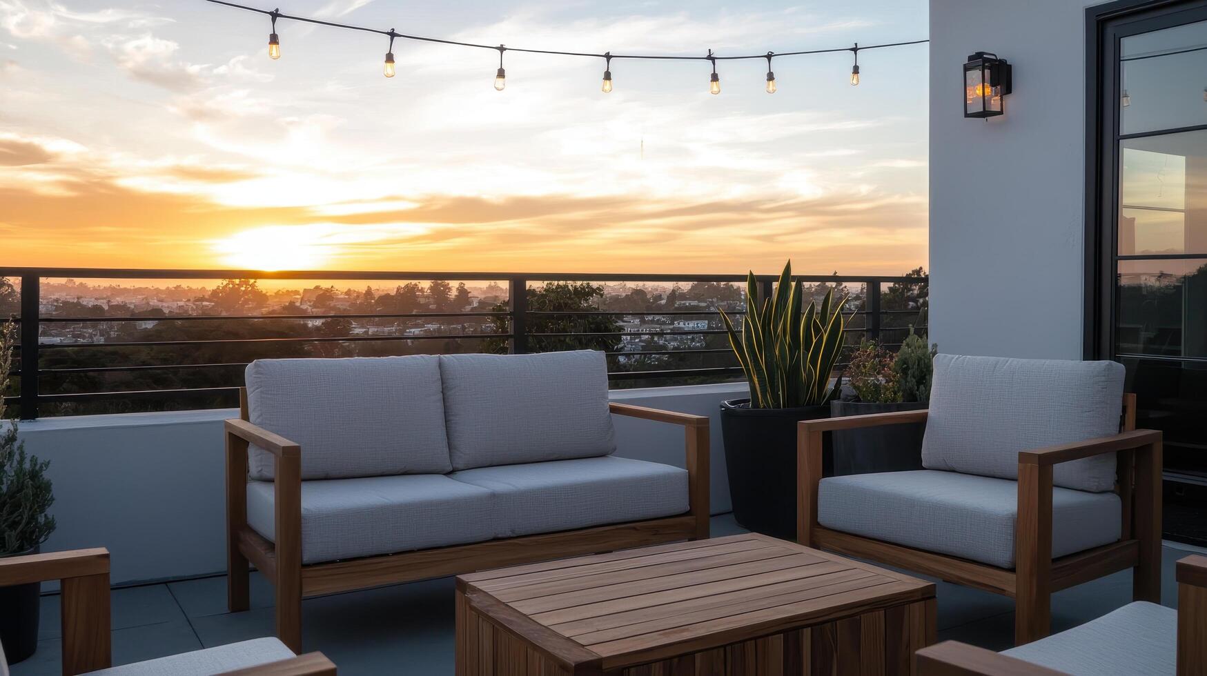 Charming Rooftop Terrace Gathering at Sunset Outdoor Relaxation Background Copyspace photo