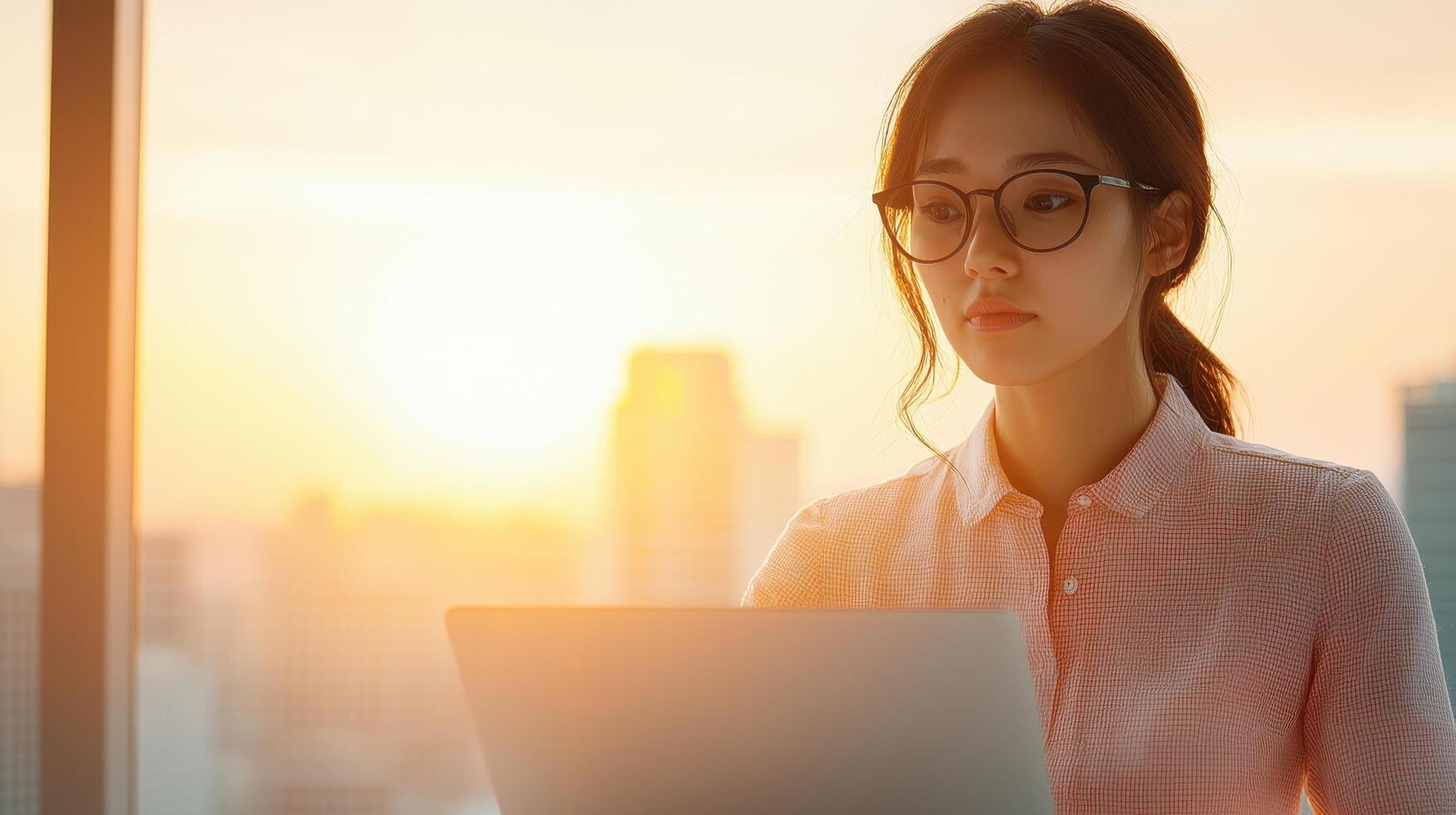 Focused Asian Woman Reviewing Documents on Laptop Urban Sunset Professional Environment Background Copyspace photo