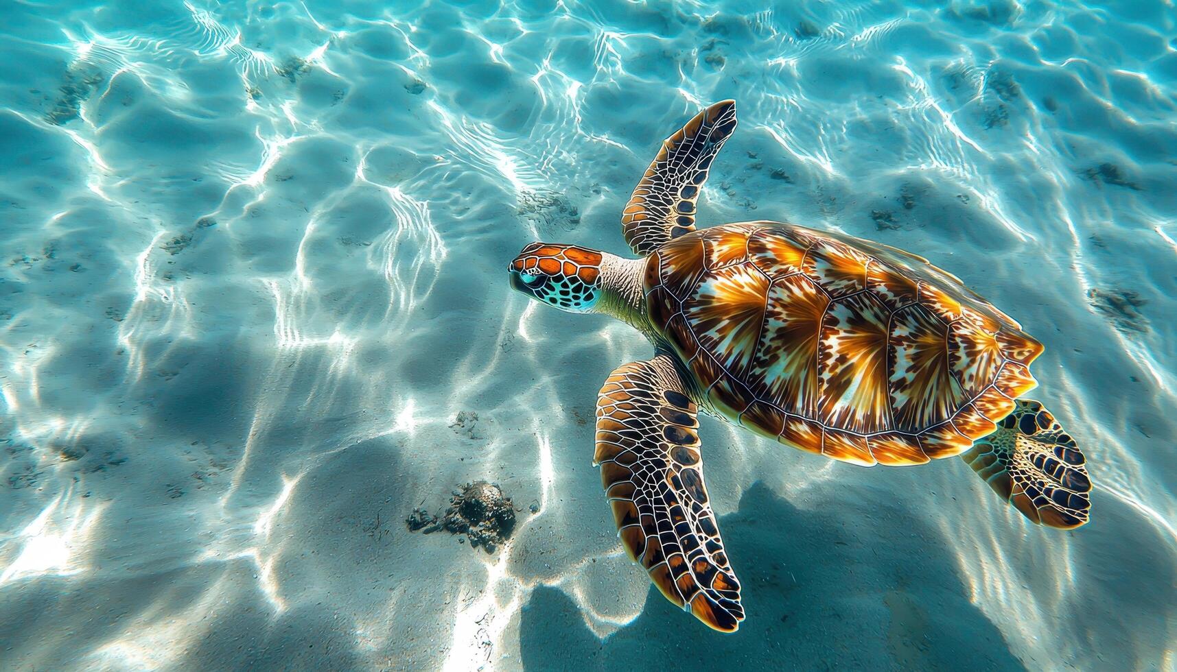 Turtle Swimming in Shallow Waters Ocean Background Copyspace Aerial View Nature Environment photo