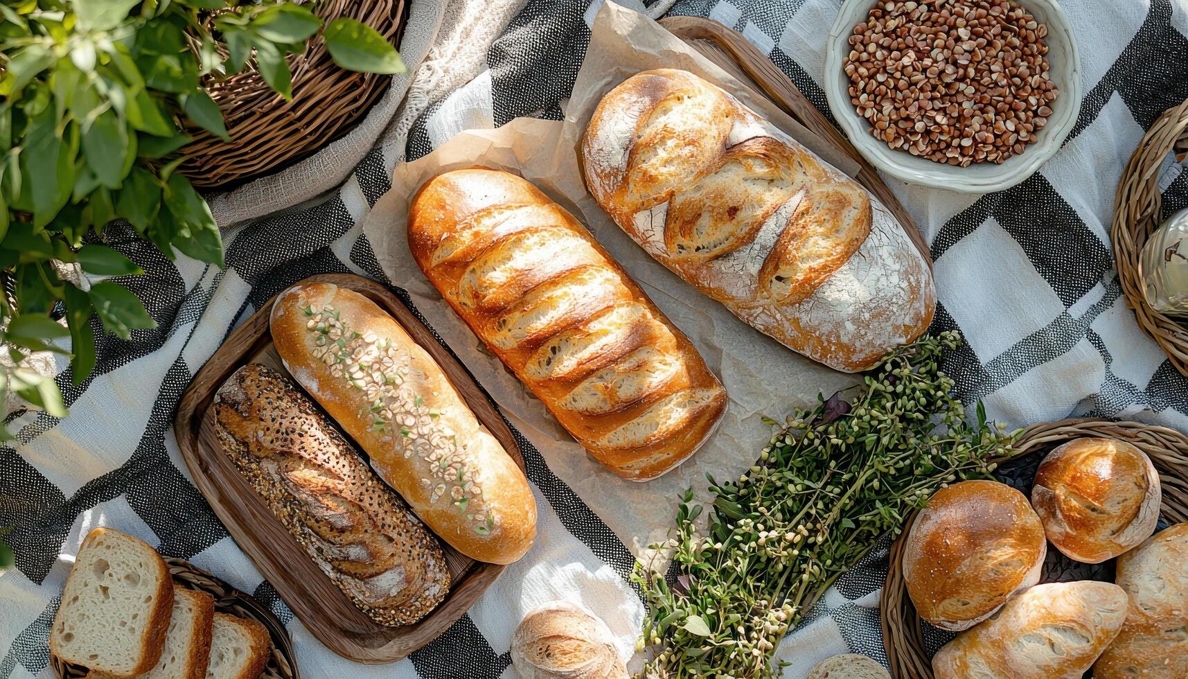 Picnic Setup with Fresh Breads Outdoor Setting Food Display Nature Background Copyspace photo