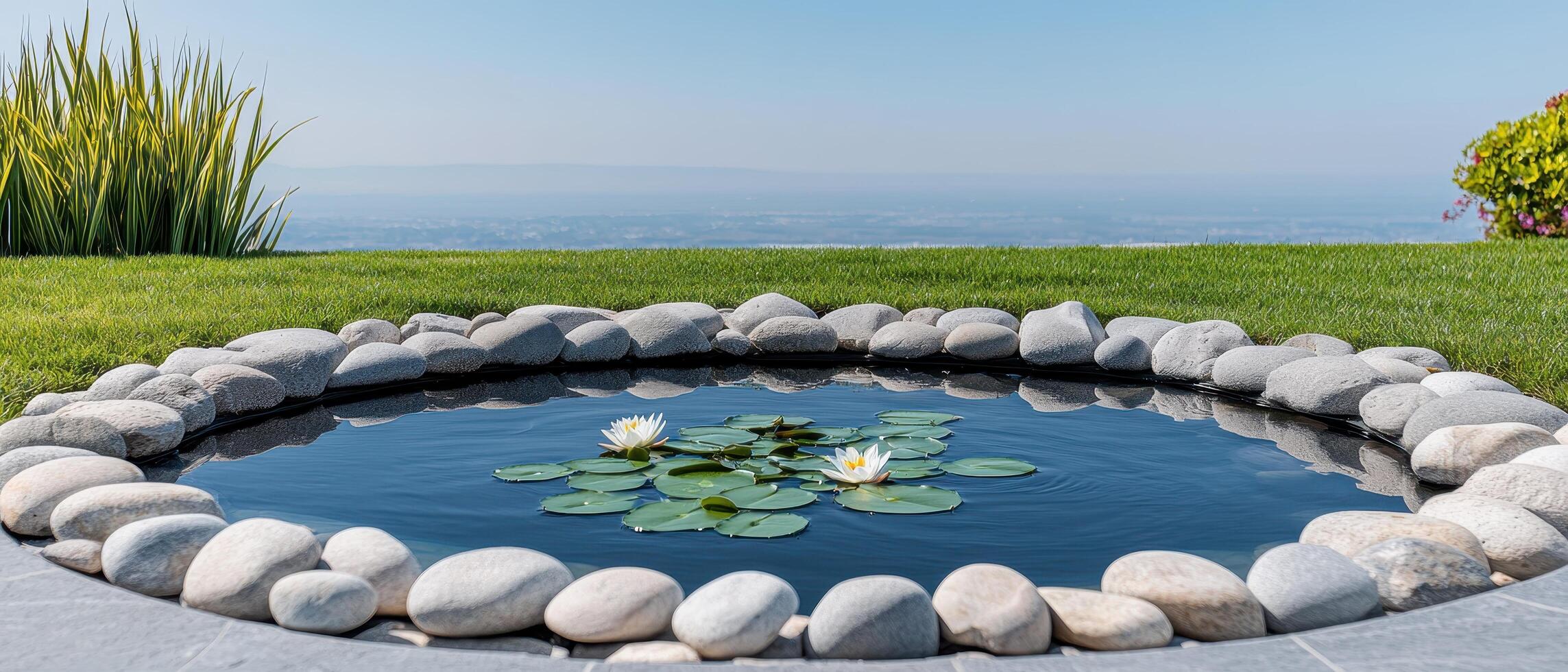Tranquil Pond Reflection Serene Backyard Nature Photography Calm Environment Copyspace Background photo
