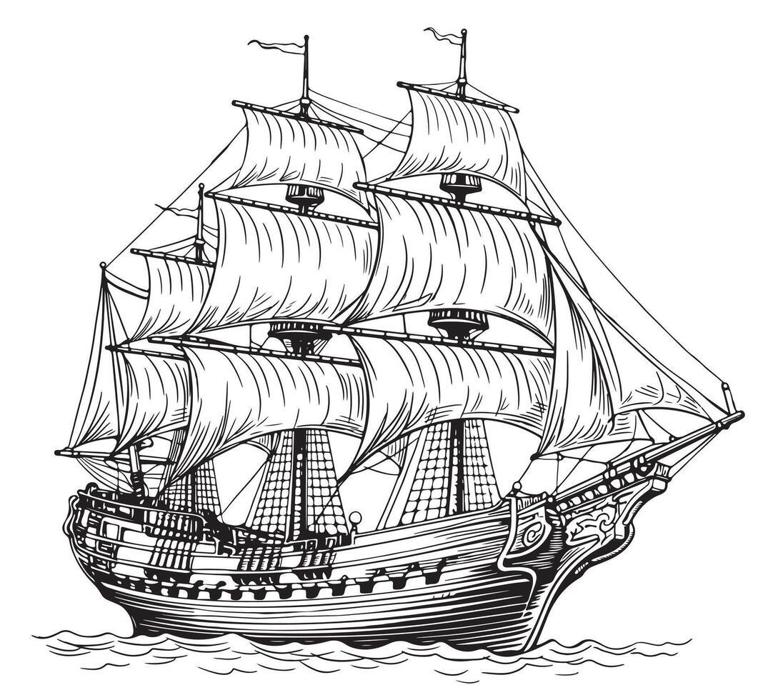 Pirate ship sailboat retro sketch hand drawn engraving style illustration vector