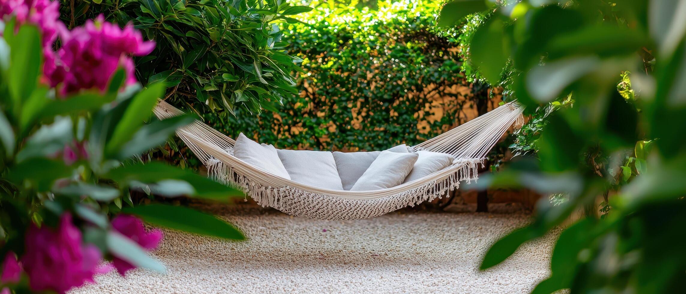 Tranquil Hammock Escape Lush Garden Nature Photography Relaxing Background Copyspace View photo