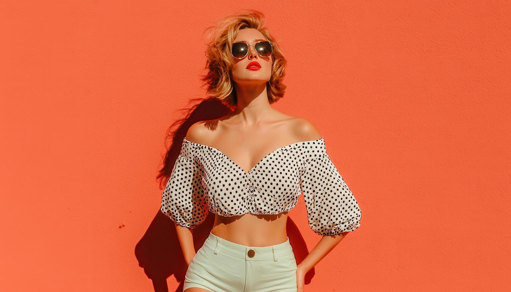 Playful Young Woman in Polka Dot Blouse Against Orange Background Copyspace for Creative Content photo