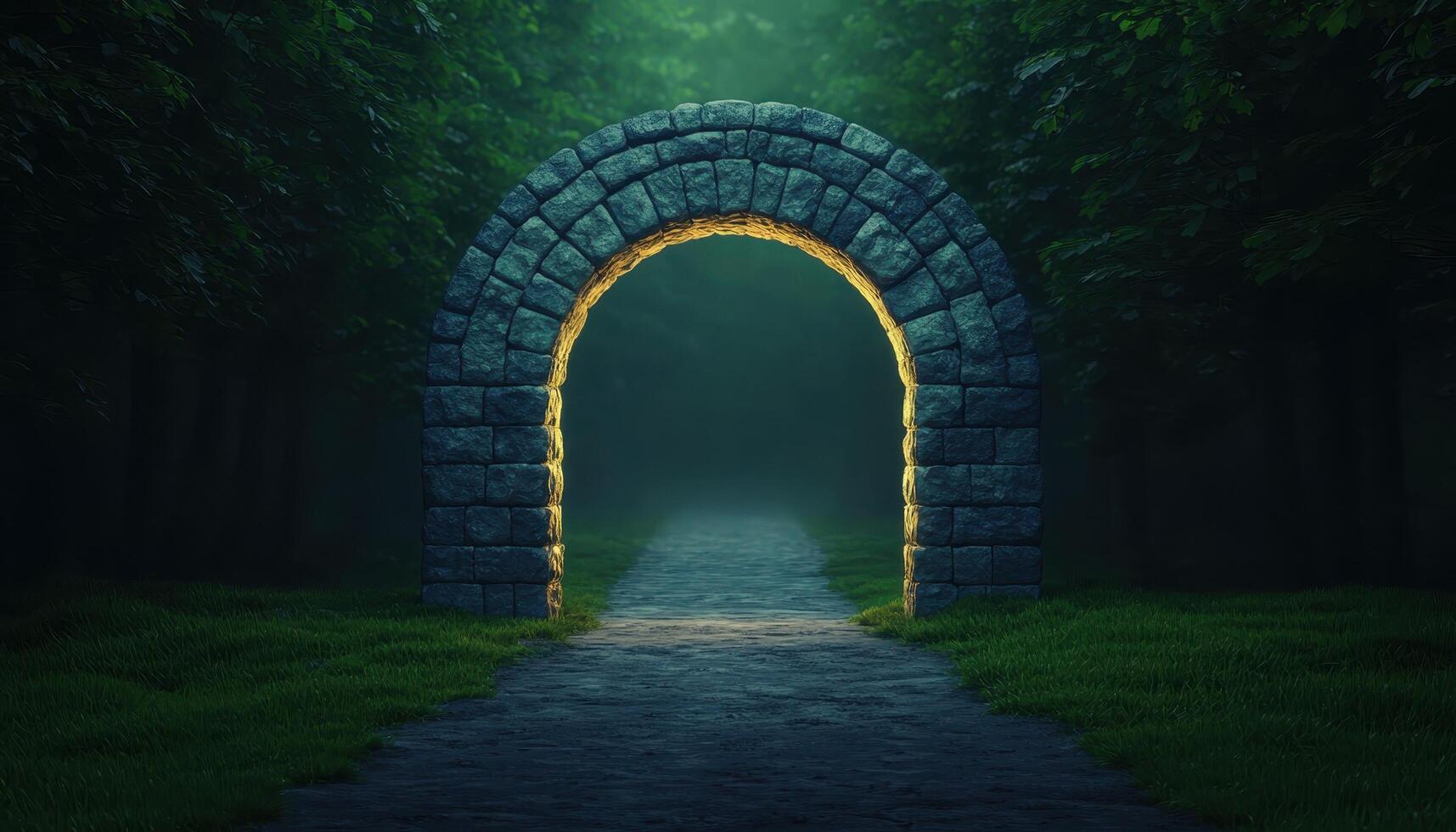 Illuminated Stone Archway in Lush Forest Serene Pathway Background Copyspace photo