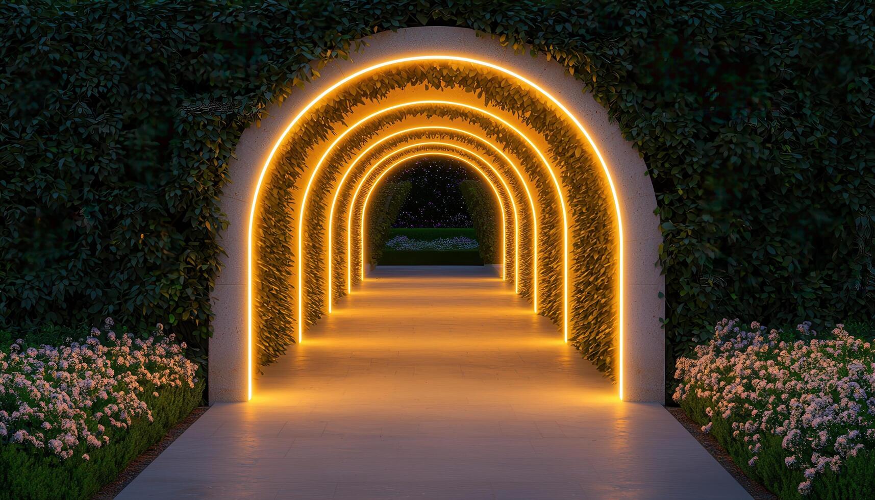 Illuminated Nighttime Garden Pathway Enchanting Landscape Low-Resolution Background with Copyspace photo