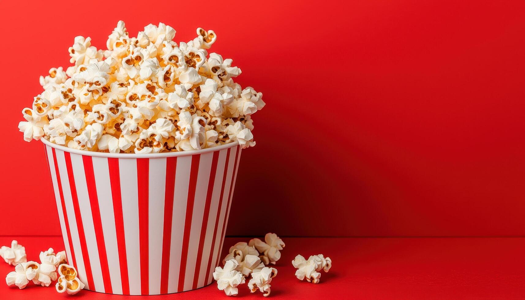 Classic Red and White Striped Popcorn Bucket Spilling on Bright Background with Copyspace photo