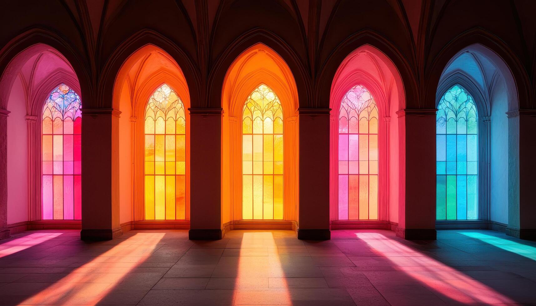 Illuminated Stone Arches in a Cathedral Colorful Background with Copyspace photo