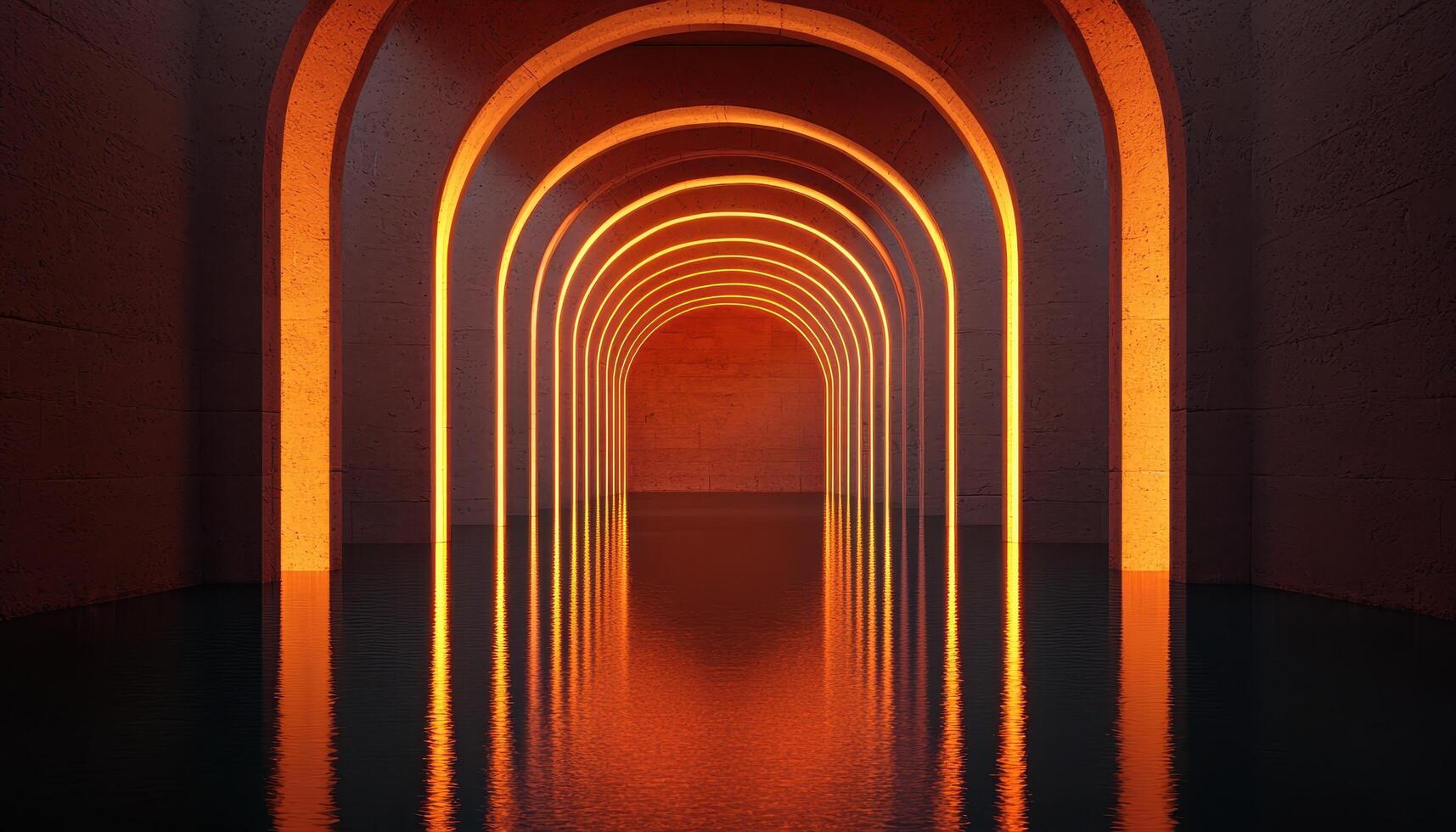 Illuminated Stone Archways at Night Artistic Capture Tranquil Water Background Copyspace photo