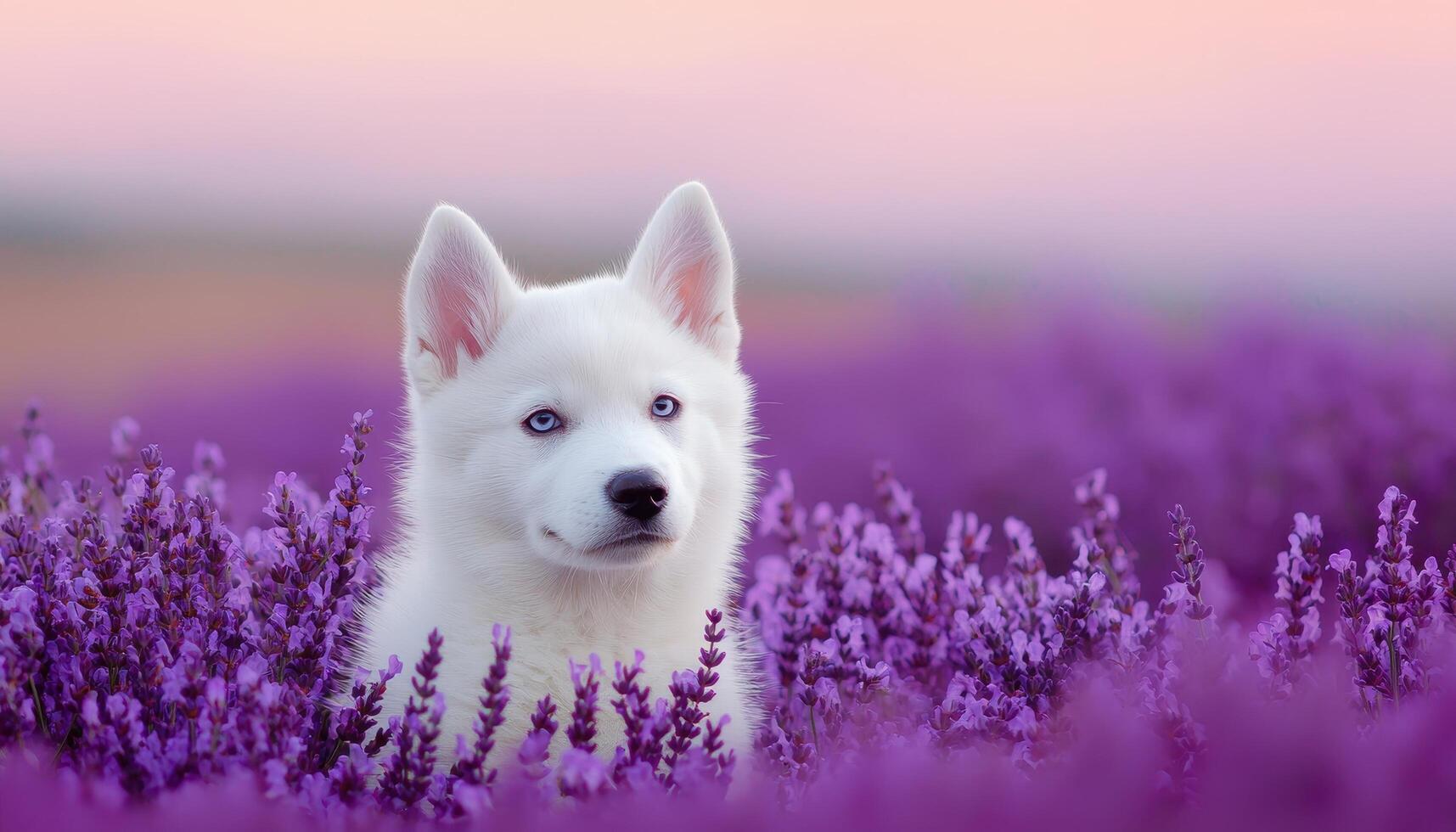 Gentle White Husky Puppy Nestled in Lavender Fields Soft Background with Copyspace photo