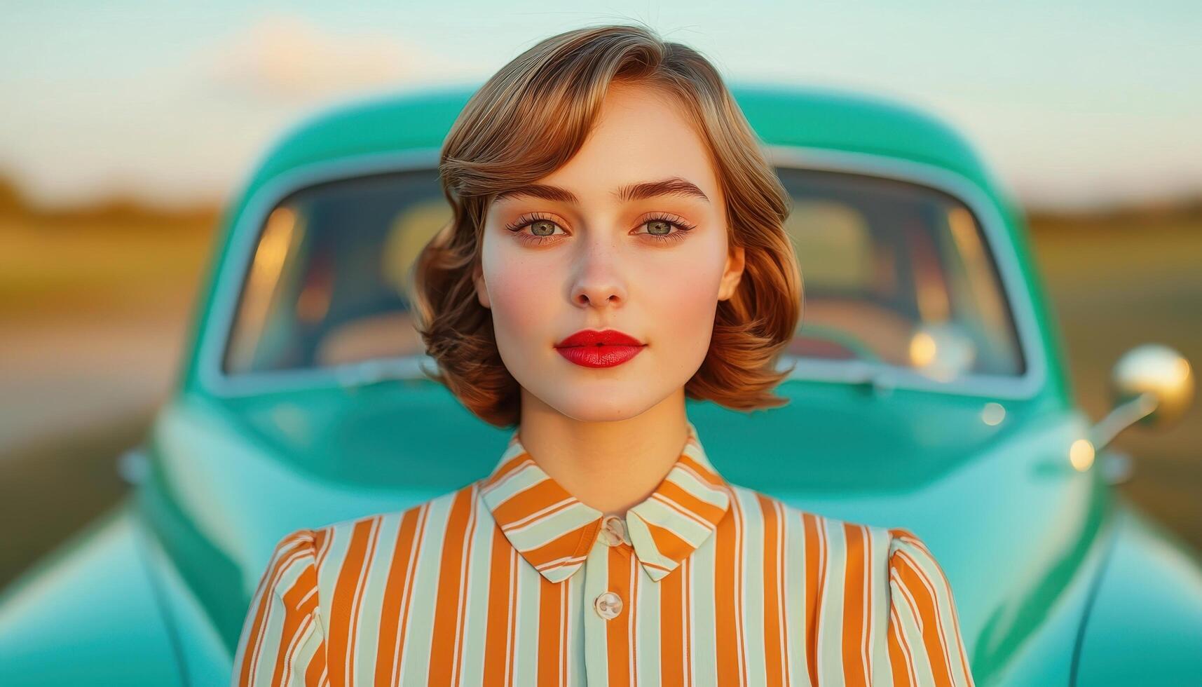 Chic Young Woman Leaning Against Vintage Car Outdoor Background with Copyspace photo