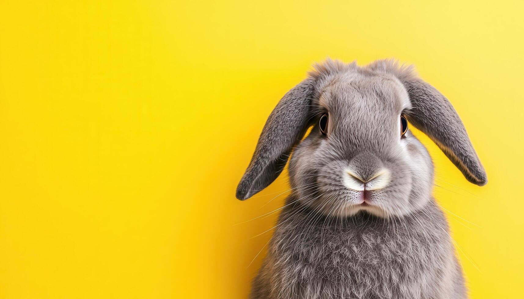 Fluffy Grey Rabbit Posing Against Yellow Background Cute Animal Portrait Soft Textures Copyspace photo