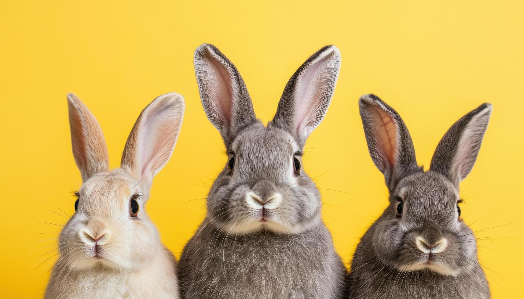 Fluffy Rabbits Posing Together Yellow Background Cute Animal Portraits Studio Close-up Copyspace photo