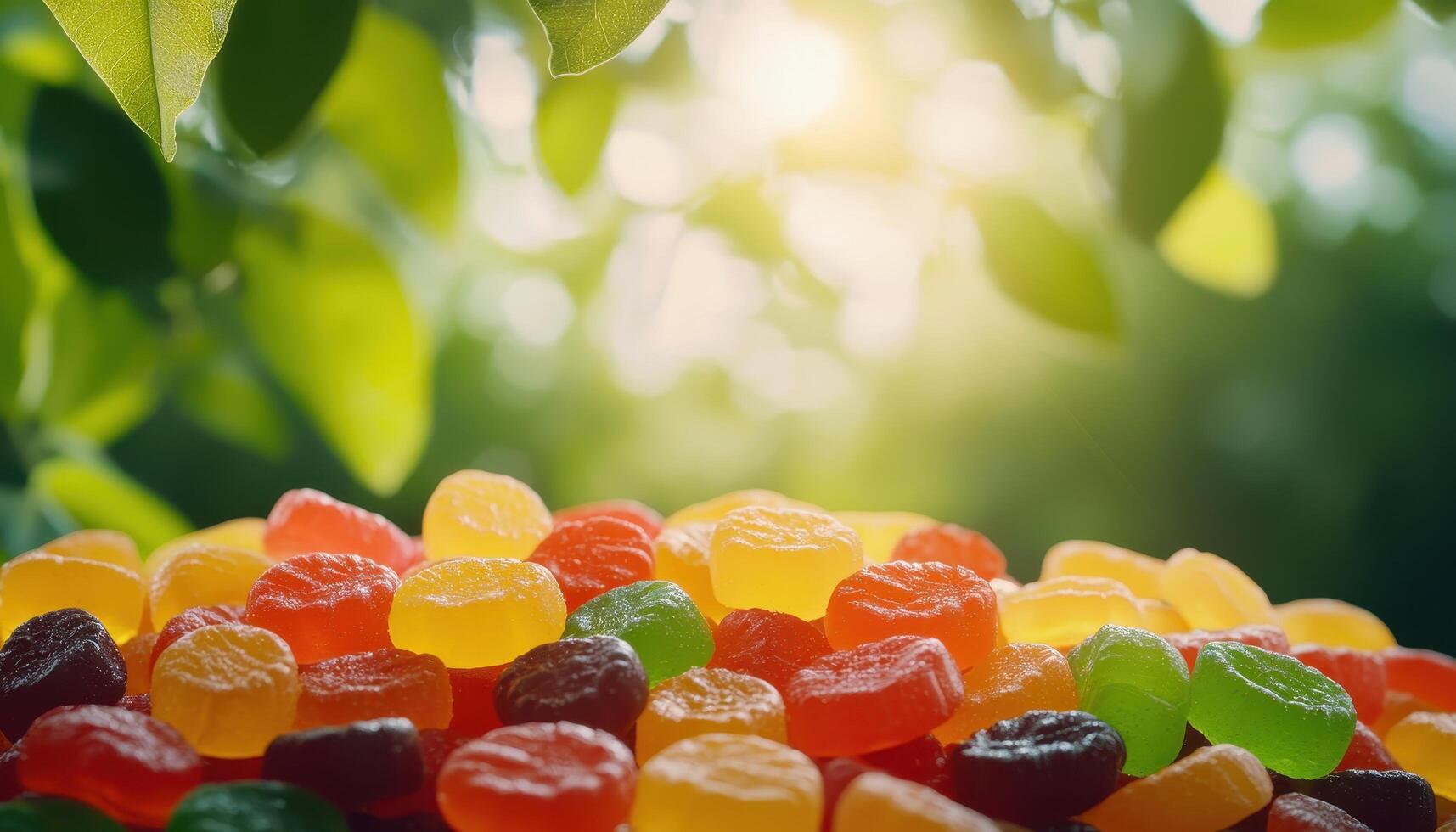 Colorful Gummy Jellies in Nature Background Copyspace Vibrant Candy Scene Soft Light photo