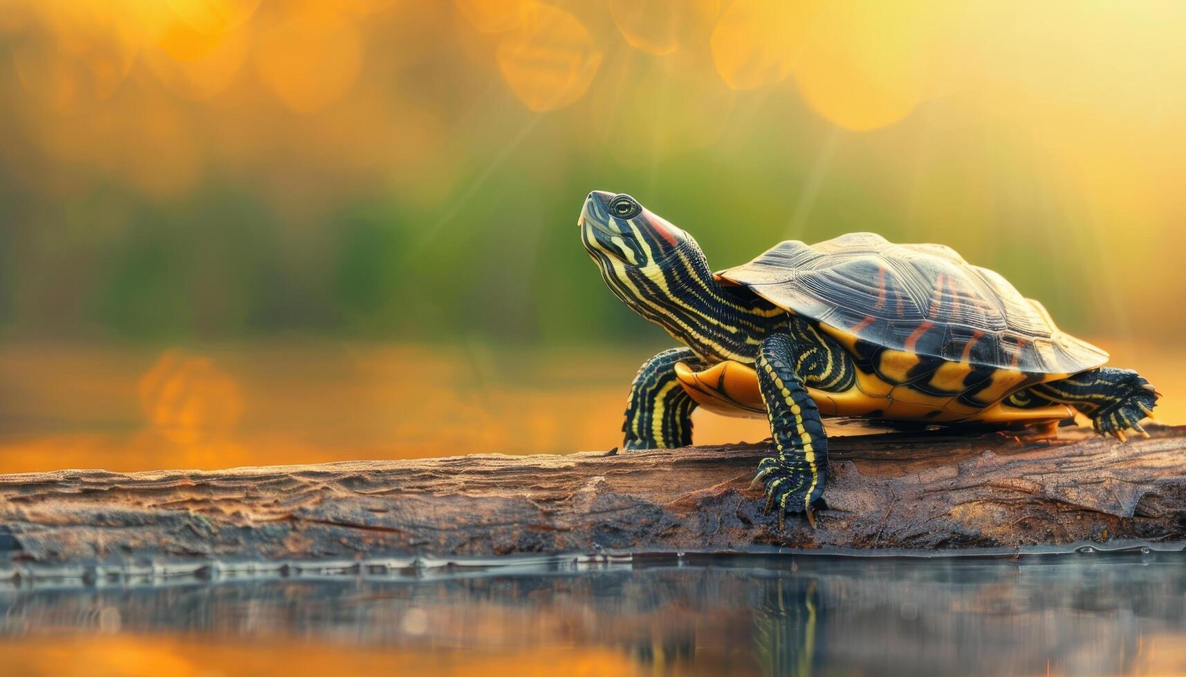 Turtle Resting on Log in Calm Waters Nature Scene Warm Background Copyspace photo