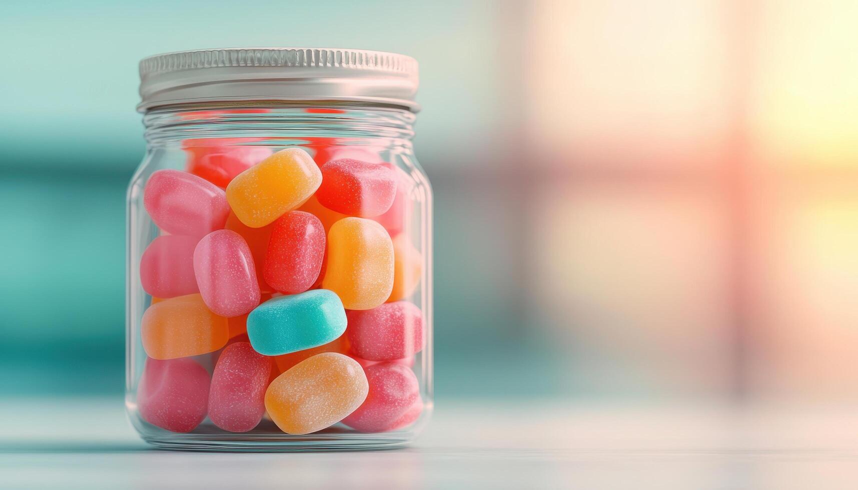 Playful Gummy Jellies Spilling from a Jar Bright Background Copyspace for Fun Content photo
