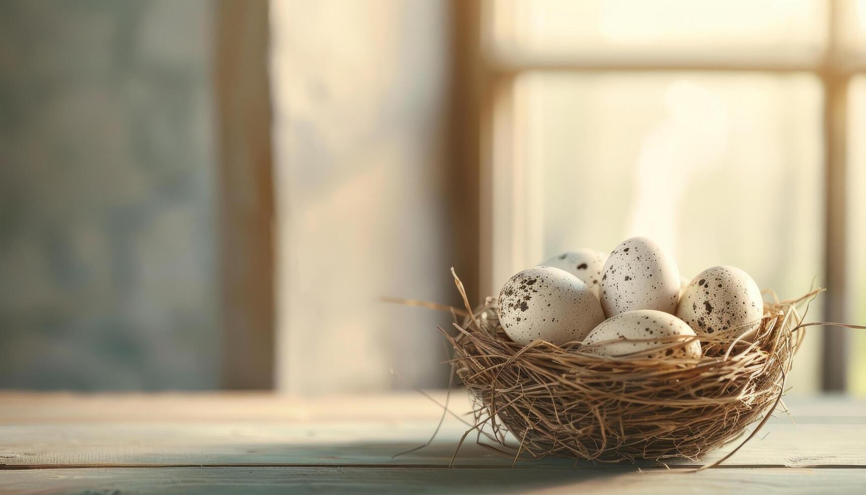 Still Life of Quail Eggs in a Straw Nest Soft Natural Light Background Copyspace for Text photo