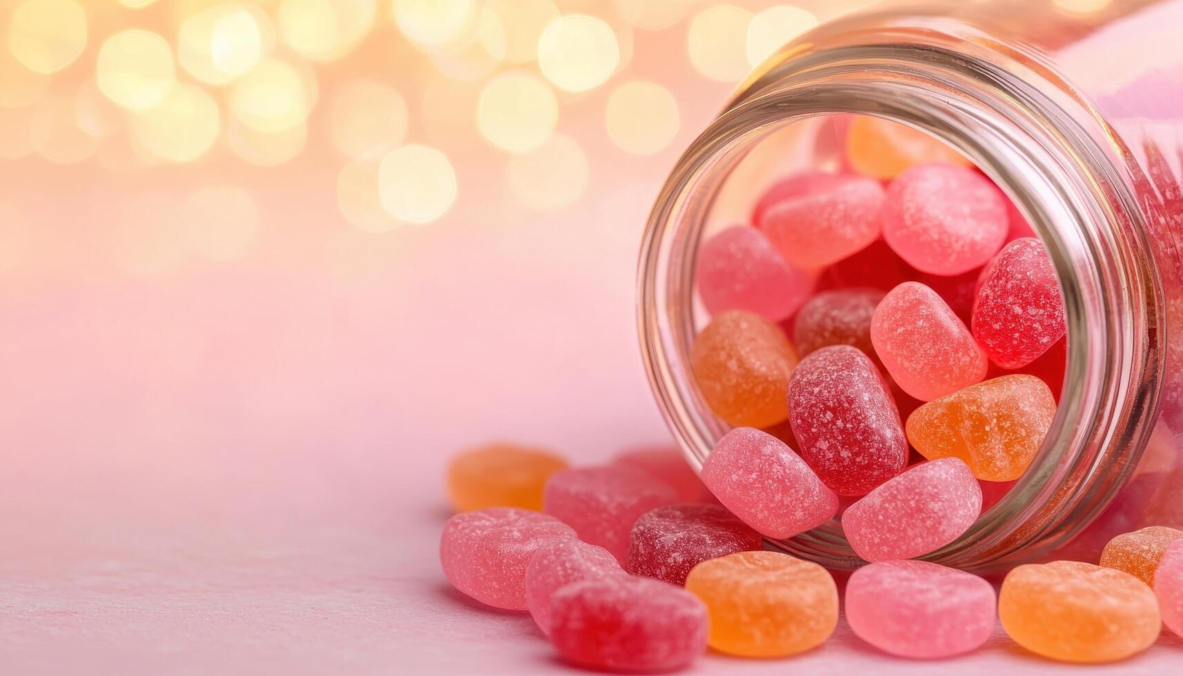 Gummy Jellies Spilling from Jar Soft Background Copyspace Playful Food Scene photo