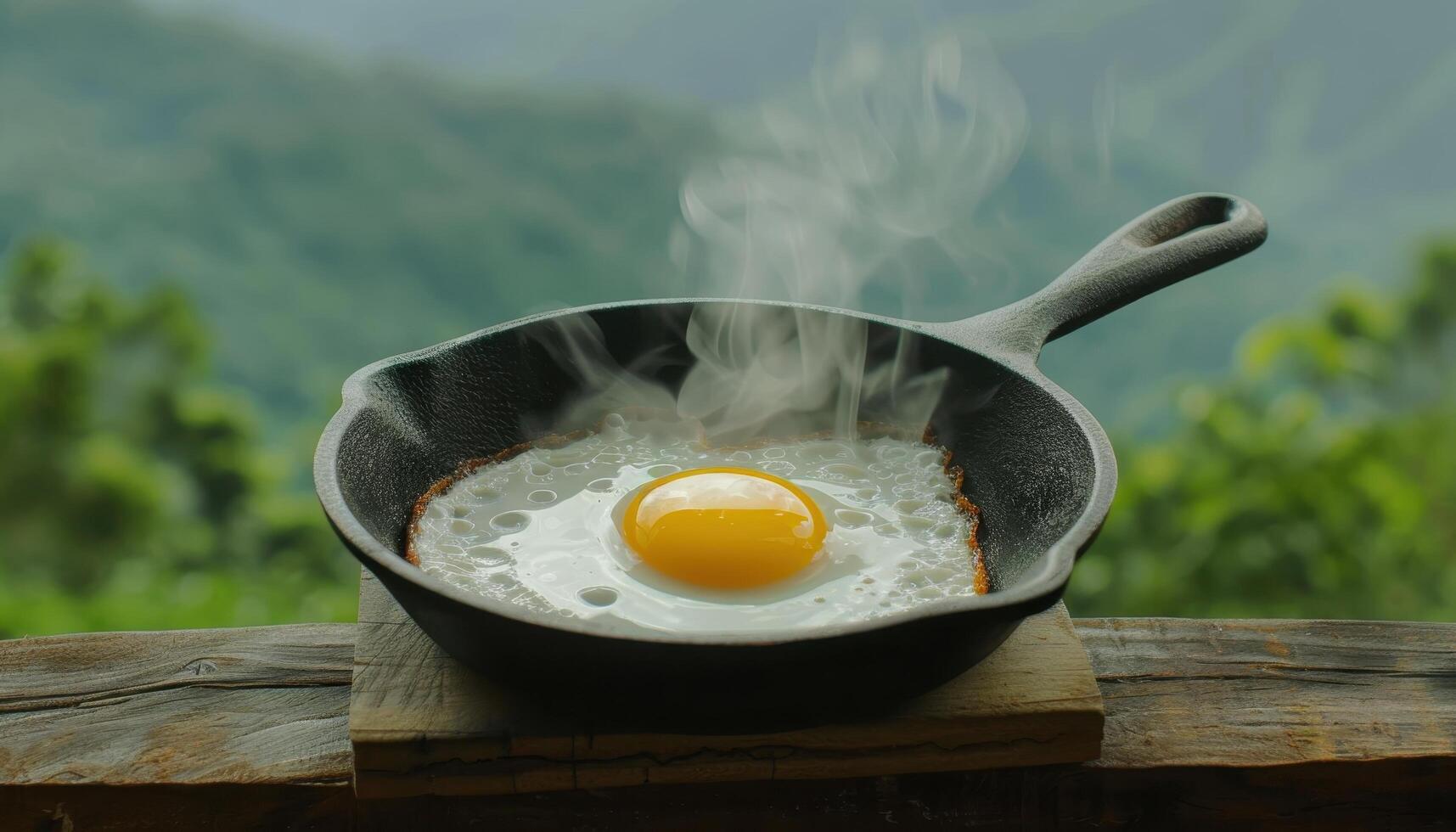 Perfectly Fried Egg in a Pan Outdoor Scenic Background Culinary Photo with Copyspace