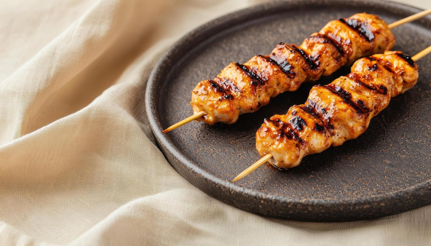 Grilled Chicken Skewers on a Plate Minimalistic Setup Soft Background Copyspace photo