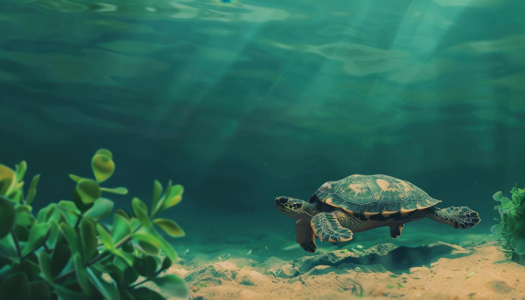 Turtle Gliding in Crystal Clear Waters Underwater Scene Aquatic Background Copyspace photo