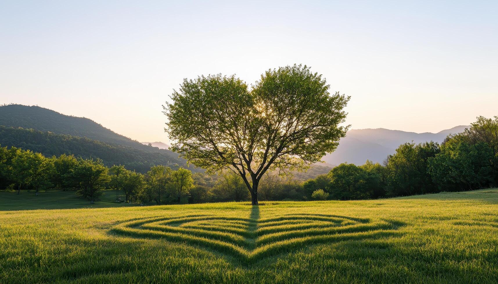 Tranquil Heart-Shaped Tree in Lush Garden Nature Background with Copyspace Serene Viewpoint photo