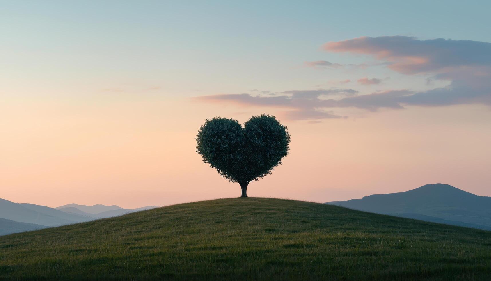 Heart-Shaped Tree in Serene Landscape Nature Scene Soft Background Copyspace photo
