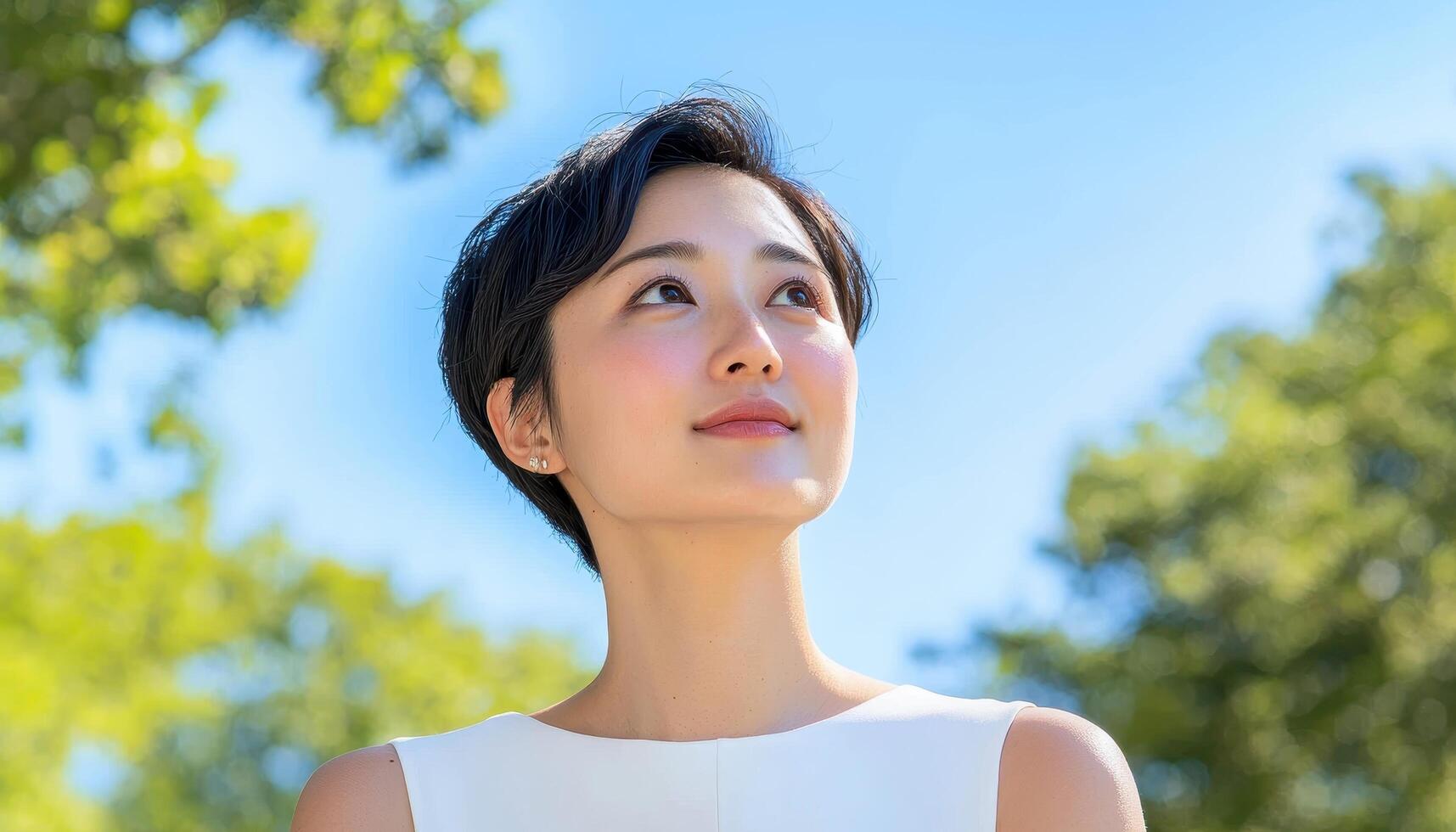 Asian Woman in Light Summer Dress Outdoor Background Copyspace for Lifestyle Content photo