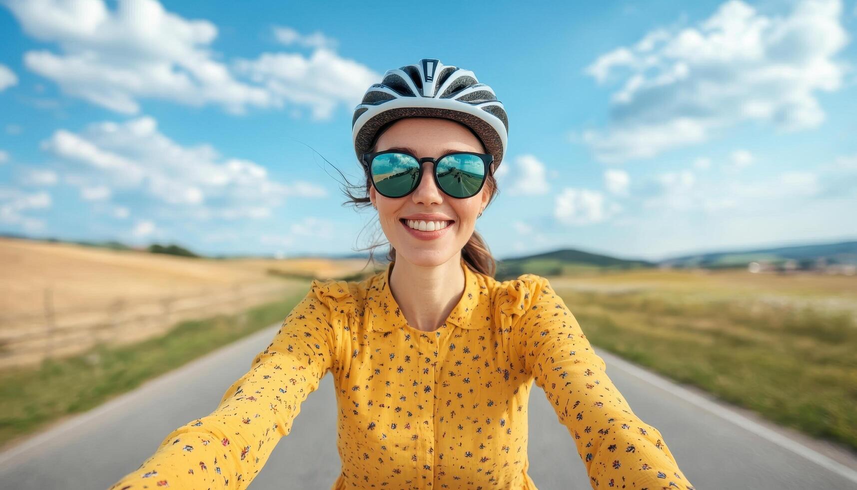 Energetic Woman Biking Along a Scenic Route Nature Background Copyspace for Inspiration photo