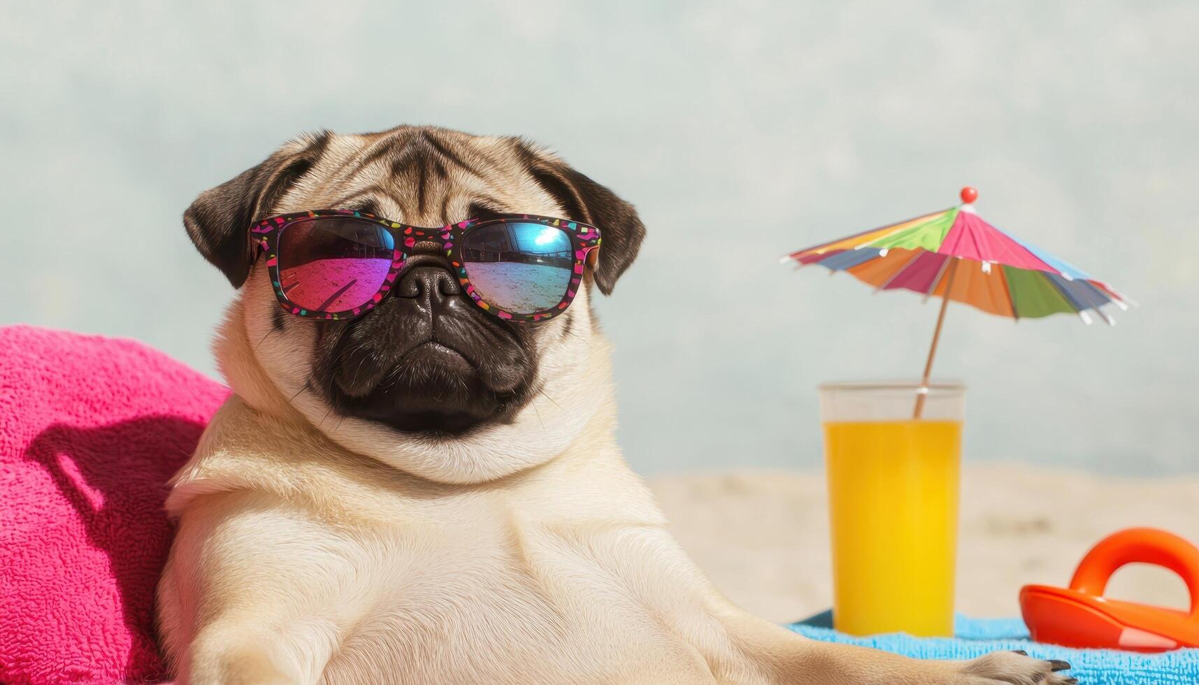 Pug Relaxing on Beach Towel Tropical Beach Pet Photography Sunny Environment Fun Background Copyspace photo