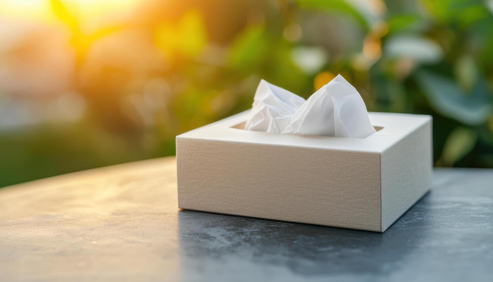 Soft White Tissue Box on Natural Stone Surface Nature Background Copyspace Evening Light photo