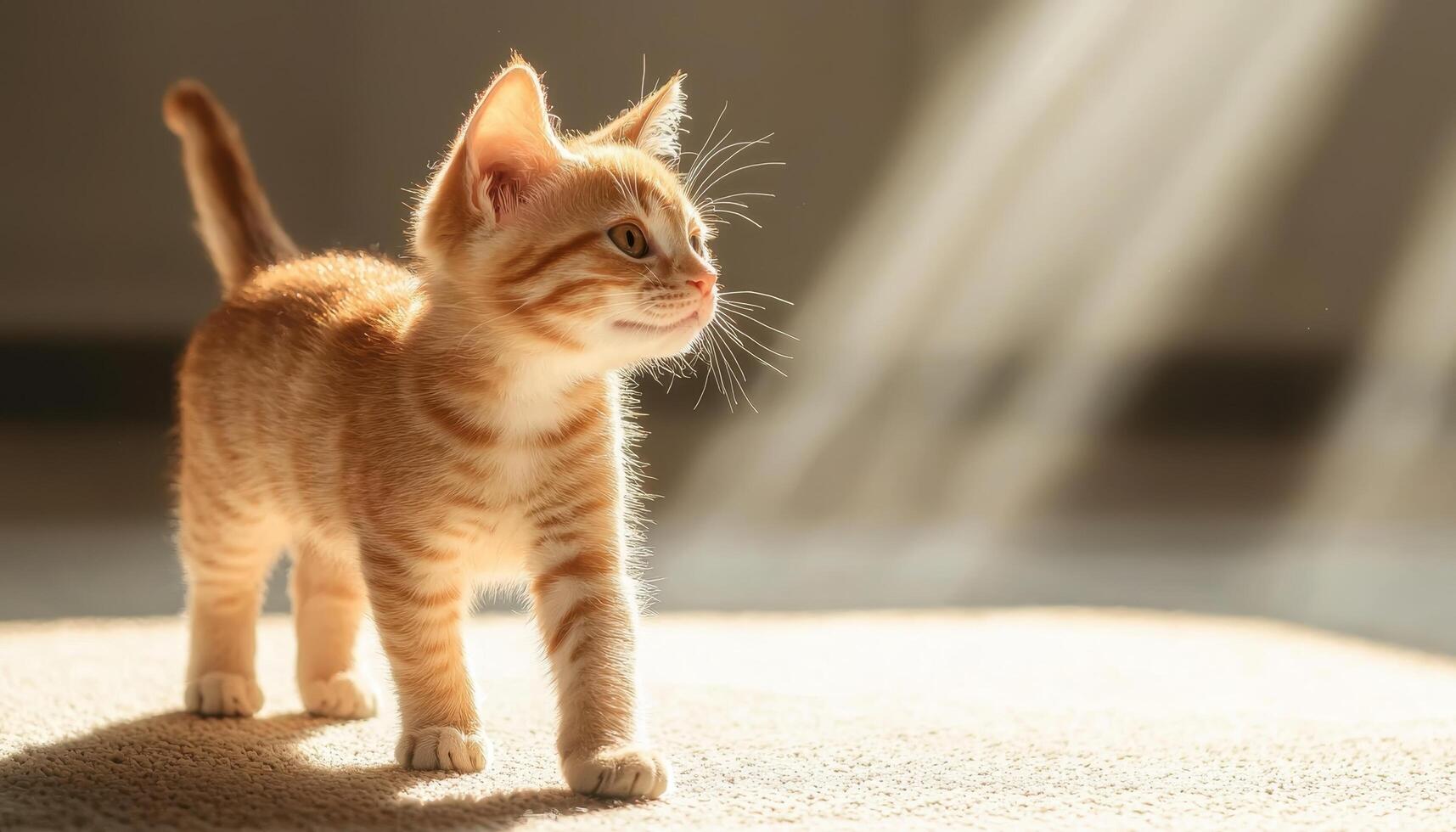 Joyful Orange Tabby Kitten Playing on Sunlit Carpet with Background Copyspace photo