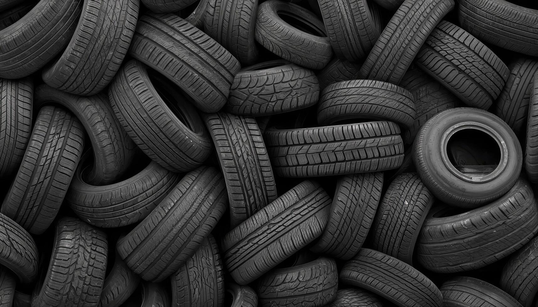 Chaotic Pile of Old Tires Industrial Area High-Resolution Image Dark Background Copyspace photo