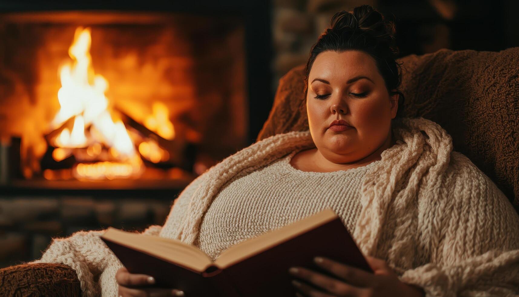 Cozy Reading Session by the Fire Home Living Room Lifestyle Image Warm Background Copyspace photo