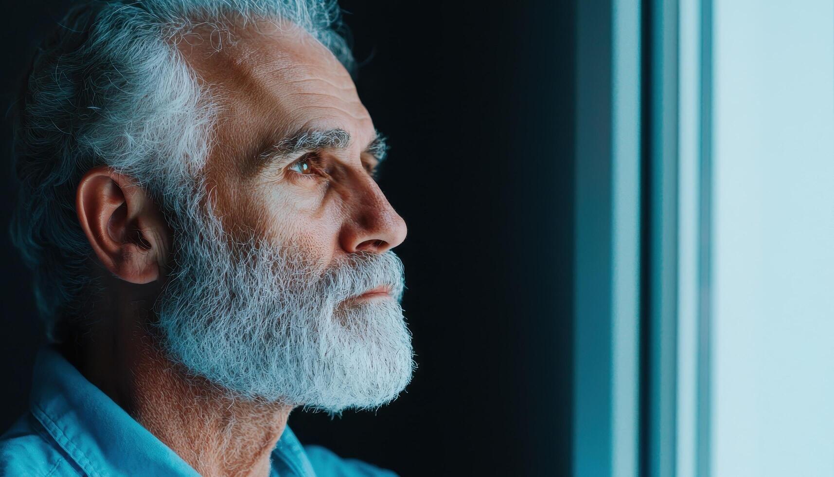 Elderly Man Reflecting by the Window Indoor Setting Portrait Background Copyspace photo