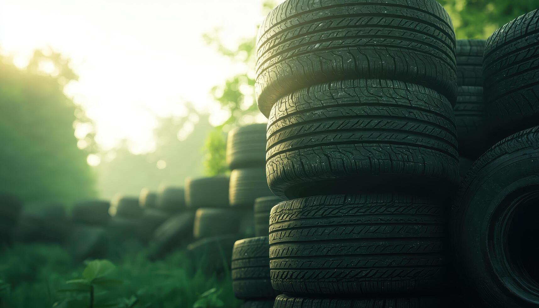 Junkyard Scene of Stacked Tires Surrounded by Nature Wide-Angle Shot with Copyspace Background photo