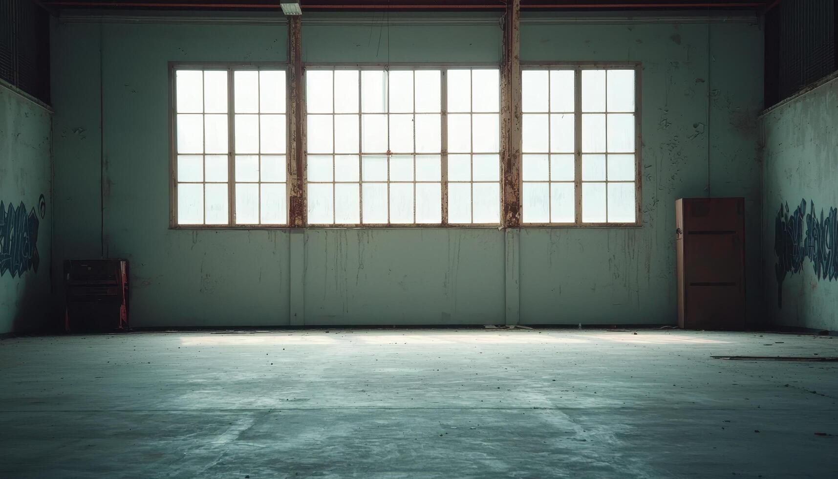 Abandoned Warehouse Interior View Dusty Background Copyspace for Artwork Industrial Environment photo