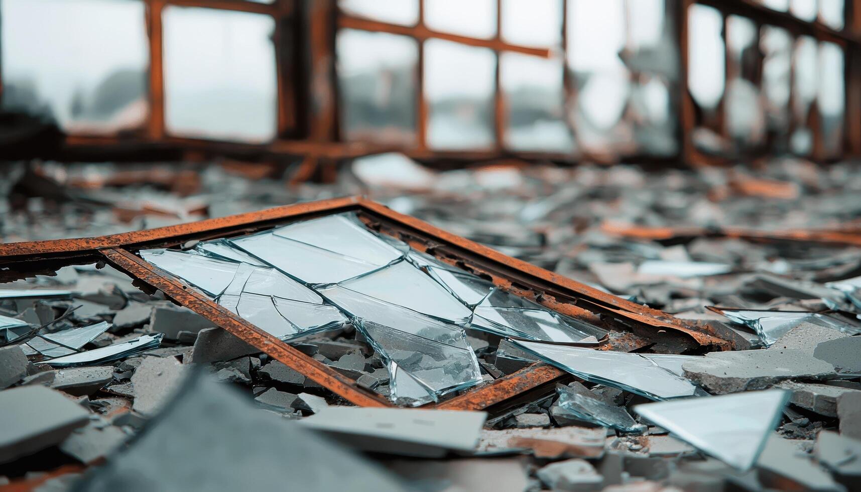 Abandoned Factory Ruins with Shattered Windows Urban Background Copyspace for Visual Impact photo