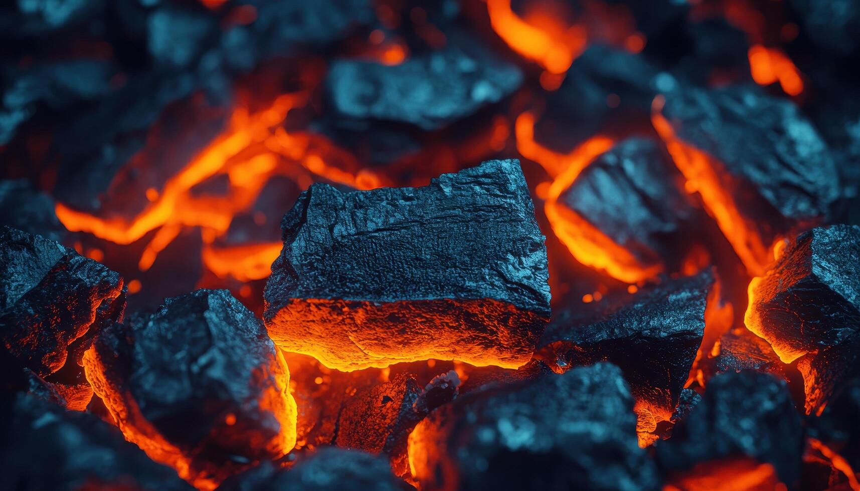 Fiery Closeup of Burning Coals Dark Background with Copyspace Textured Coal Environment photo