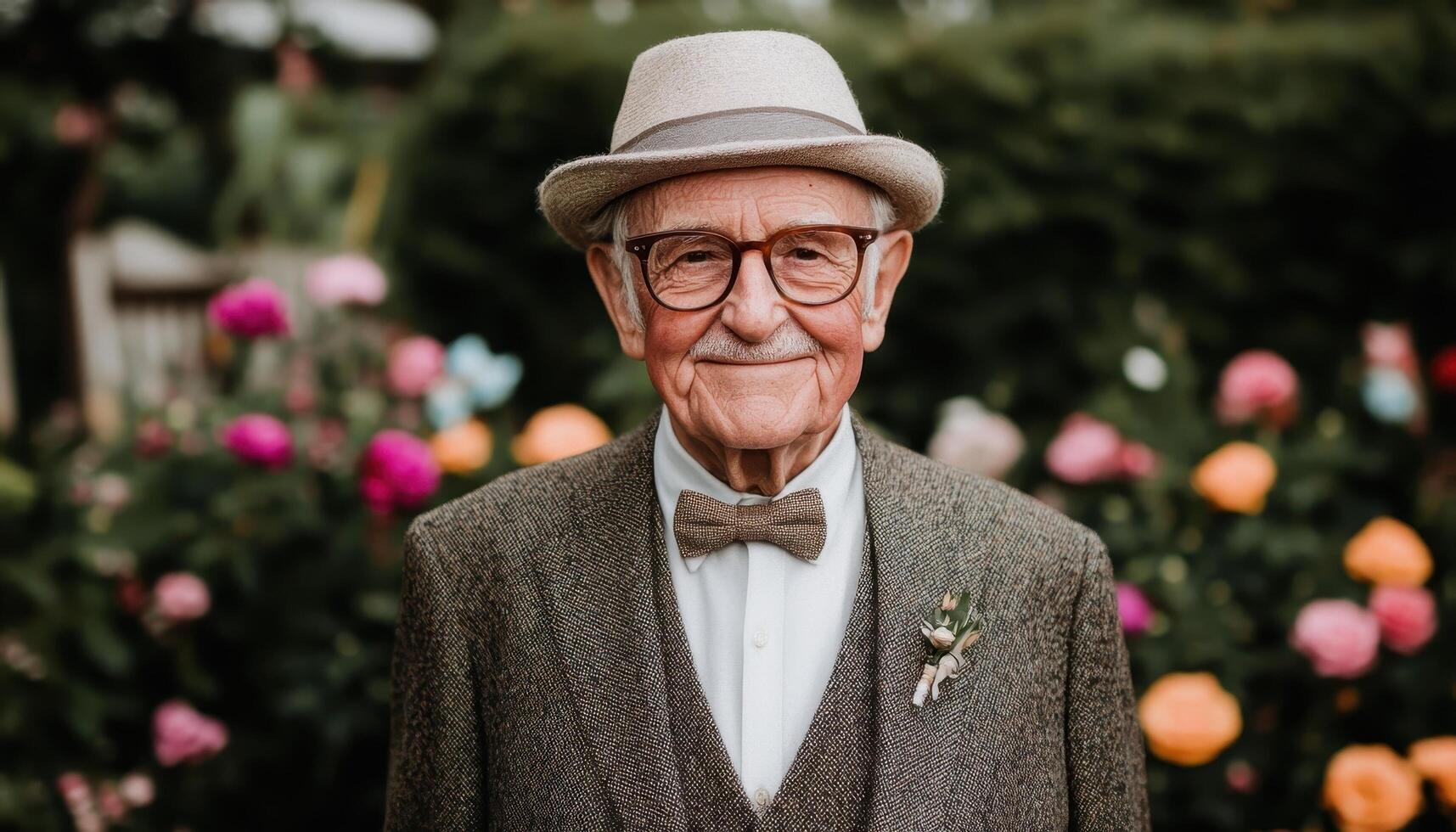 Dapper Elderly Man with Cane in Classic Suit Vibrant Garden Background Portrait Copyspace photo