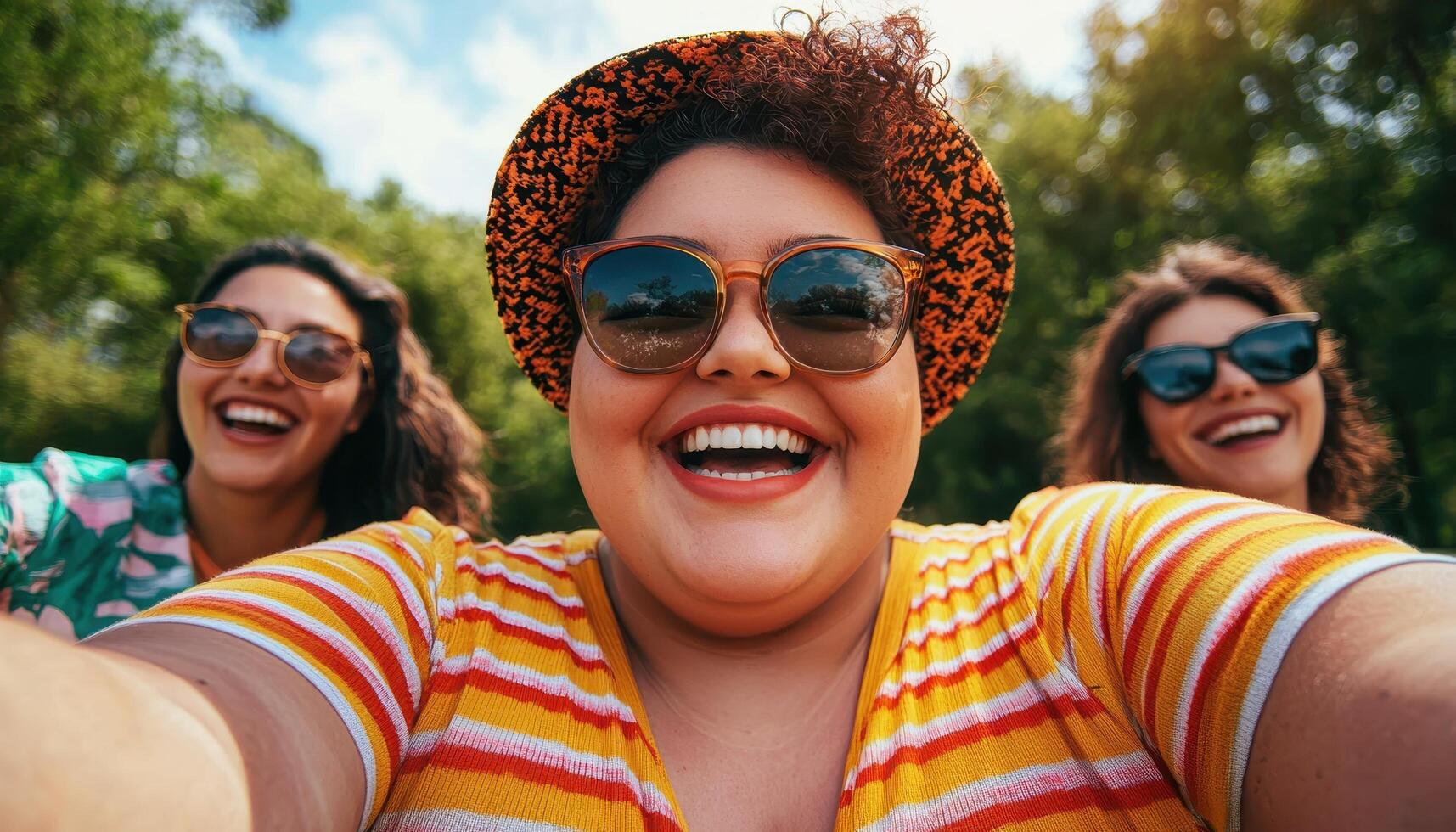 Cheerful Group Selfie of Happy Young Women in Nature Background with Copyspace photo
