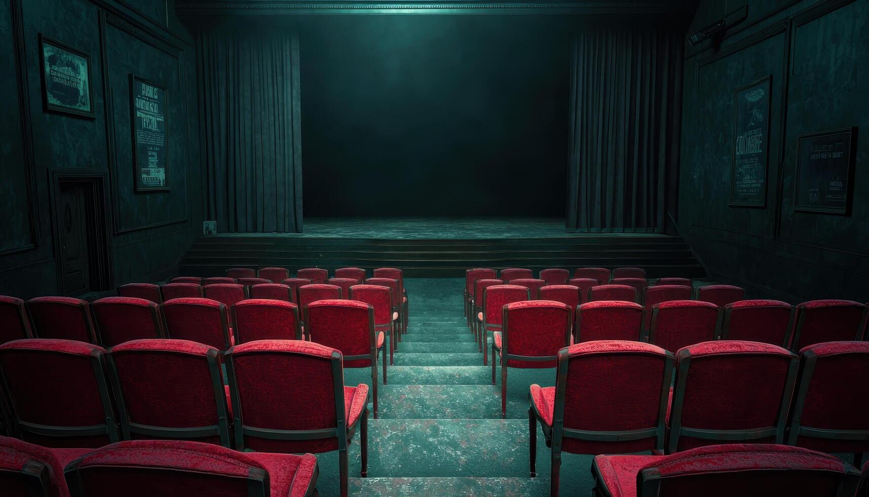 Faded Red Seats in Abandoned Theater Urban Environment Background and Copyspace Available photo