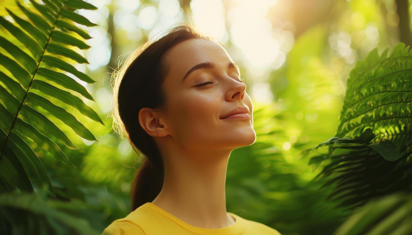 Radiant Woman with Natural Makeup in Sunlit Nature Background Copyspace for Emotions photo
