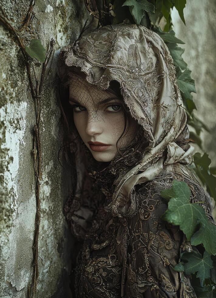 Intriguing Cloaked Woman in Vintage Dress Against Textured Wall Mysterious Background Copyspace photo
